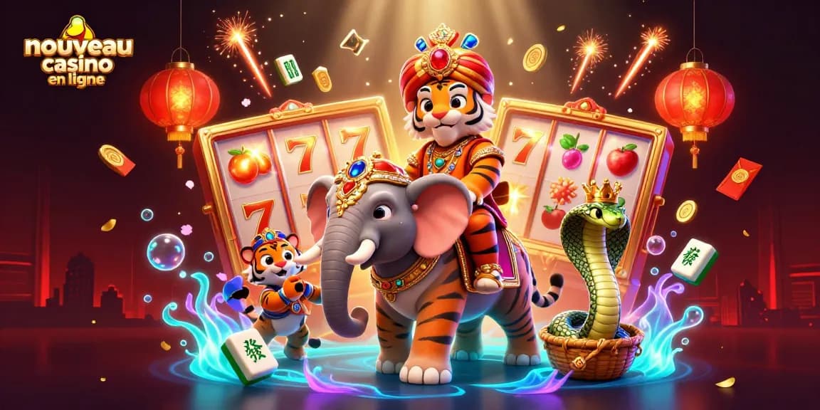 Visualisez un nouveau casino en ligne avec un tigre maharaja et un éléphant entourés de symboles de jackpot.