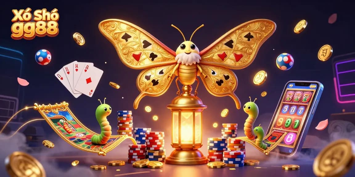Xổ Số gg88 showcases a vibrant 3D illustration of a moth and gold coins symbolizing luck in lottery gaming.