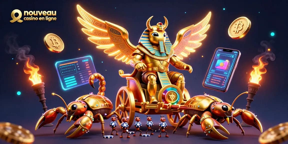 Découvrez le nouveau casino en ligne avec cette illustration captivante mettant en avant un scarabée doré et des éléments de crypto-monnaie.