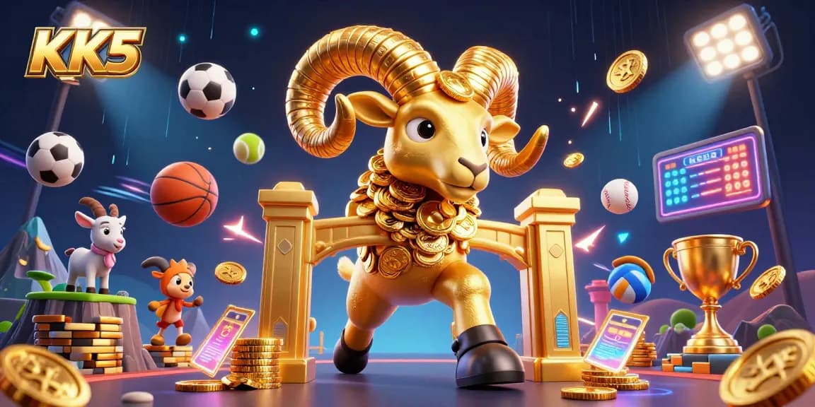 Experience high-stakes action with KK5's dynamic 3D casino illustration featuring a golden ram charging through a vibrant gambling scene.