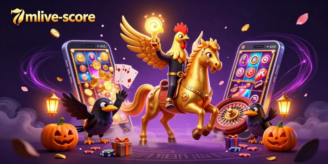 Experience the excitement of 7mlive-score with a thrilling casino scene featuring a golden rooster and slot games.