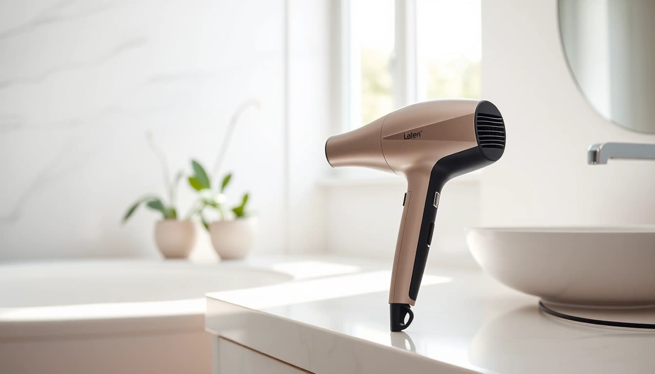 Stylish Laifen hair dryer showcased in a bright bathroom setting, highlighting its modern design.