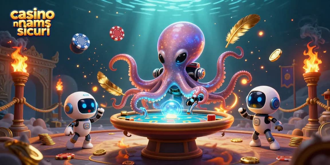Illustrazione 3D vivace di un casino non aams sicuri con un polpo alieno e un robot, poker e chips fluttuanti.