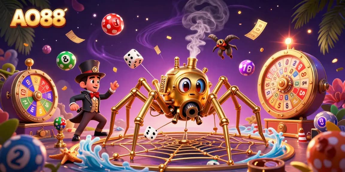 Catch unlucky dice in the AO88 spider's golden web surrounded by lottery elements.