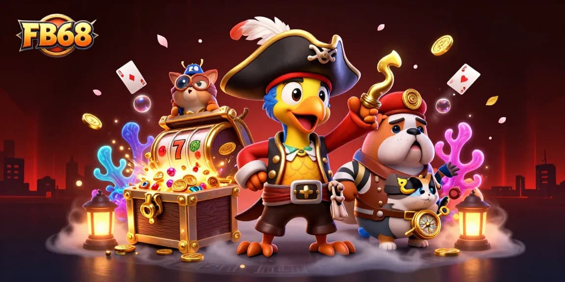 FB68 treasure hunt scene featuring vibrant pirate characters and exploding jackpots.