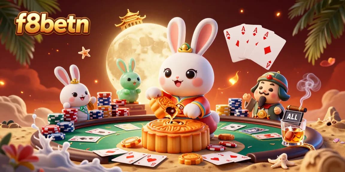 Join the moon rabbit on f8betn as poker chips reveal surprises in this vibrant casino-themed scene.