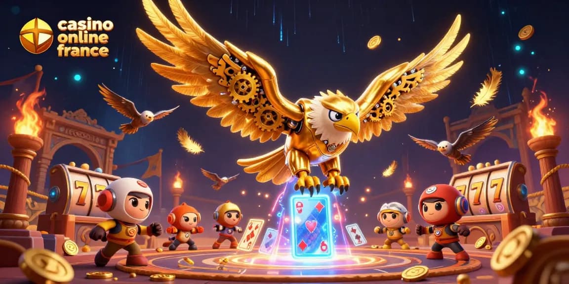 Plongez dans l'univers captivant du casino en ligne en France avec un aigle doré cybernétique et des symboles de jeux