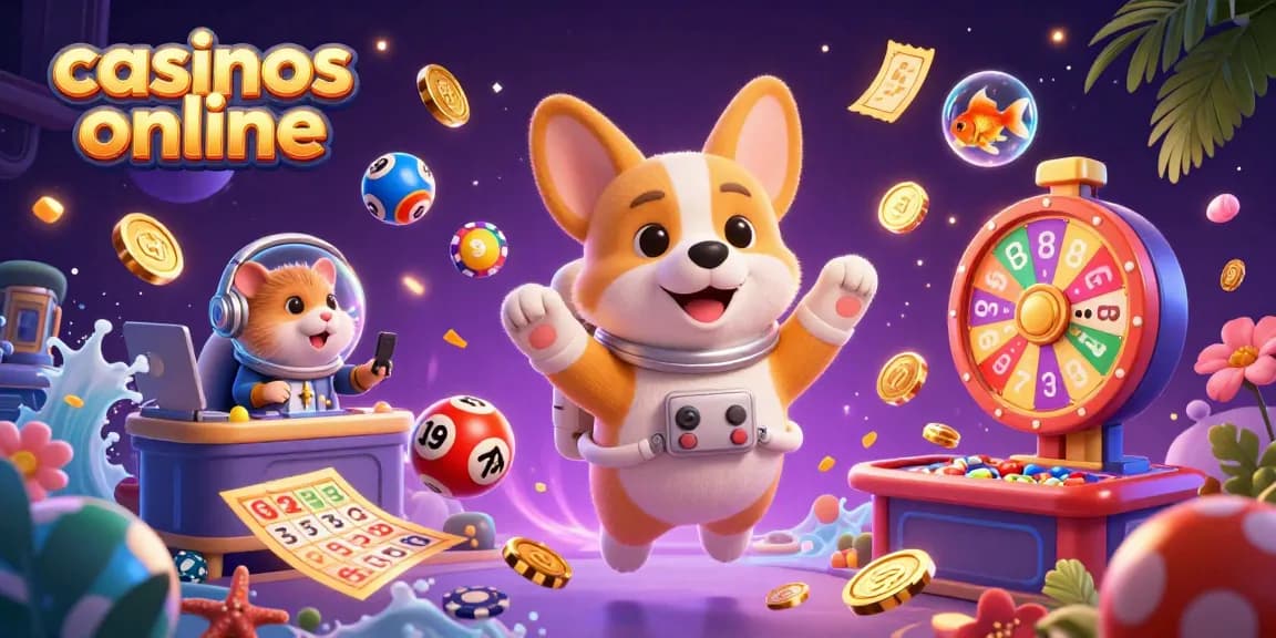 Experience excitement at casinos online with a vibrant 3D casino floating in space featuring engaging characters.