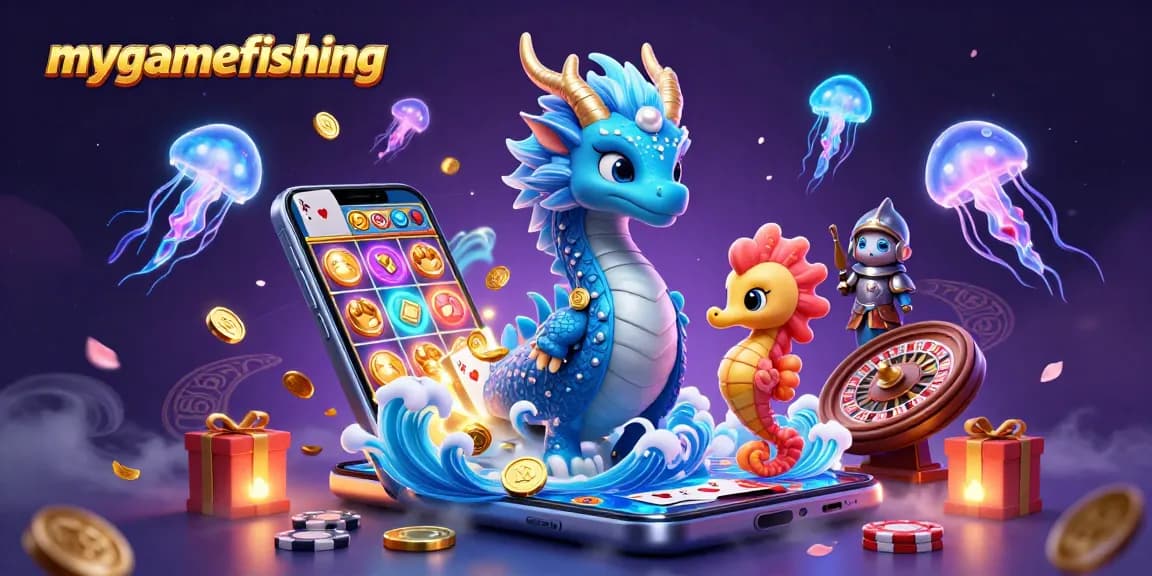 Engage with mygamefishing's thrilling underwater casino experience featuring a water dragon, seahorse knight, and neon jellyfish.