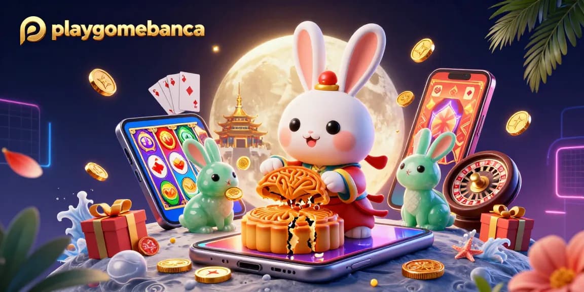 Engage with the playgamebanca experience through vibrant casino and gaming elements in a lunar scene.