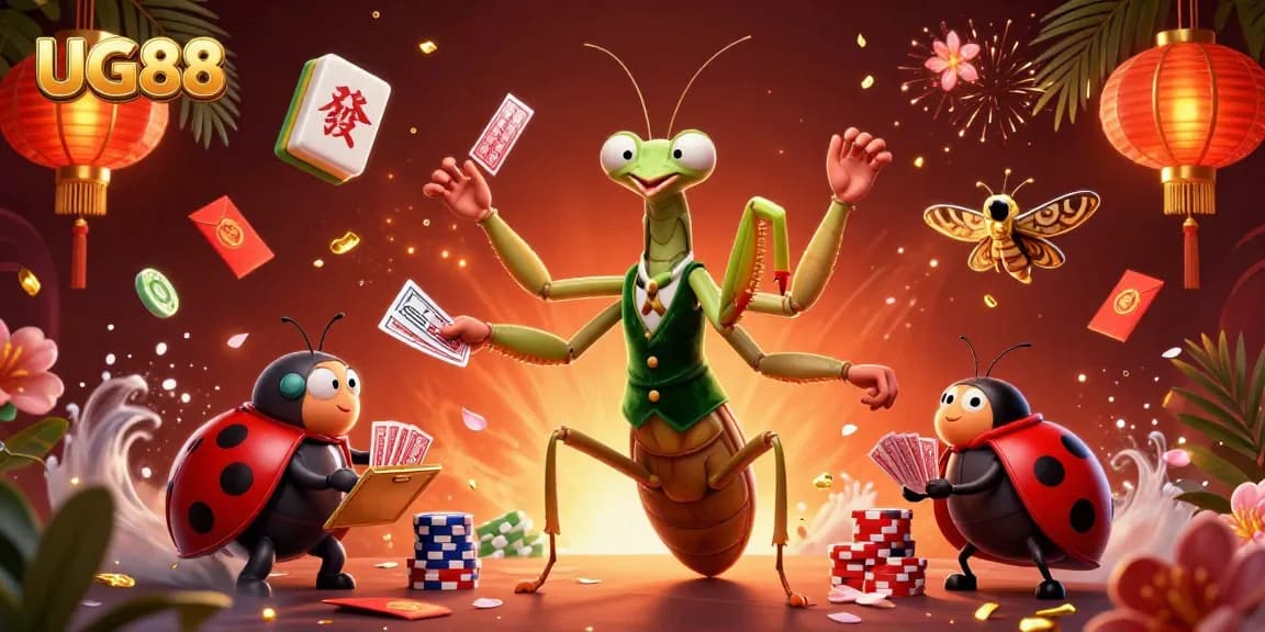 UG88 showcases a vibrant casino scene with a giant mantis card sharp and ladybug pit boss, enhancing the gambling experience.