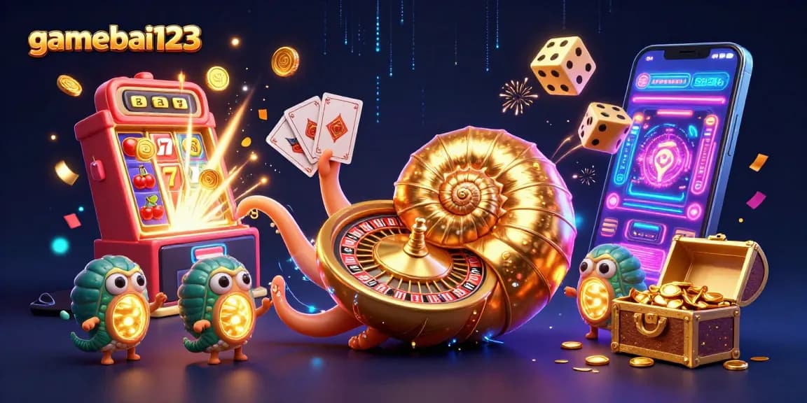 gamebai123 showcases an energetic casino scene featuring a giant nautilus, slot machines, and colorful elements