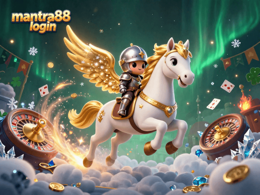 Experience the thrill of mantra88 login with 3D celestial casino action featuring a majestic horse and knight.