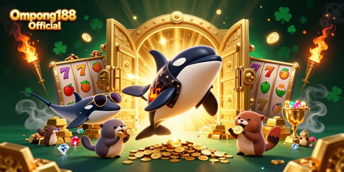 Gambarlah Ompong188 Resmi yang menampilkan kasino 3D dengan karakter lucu dan simbol permainan