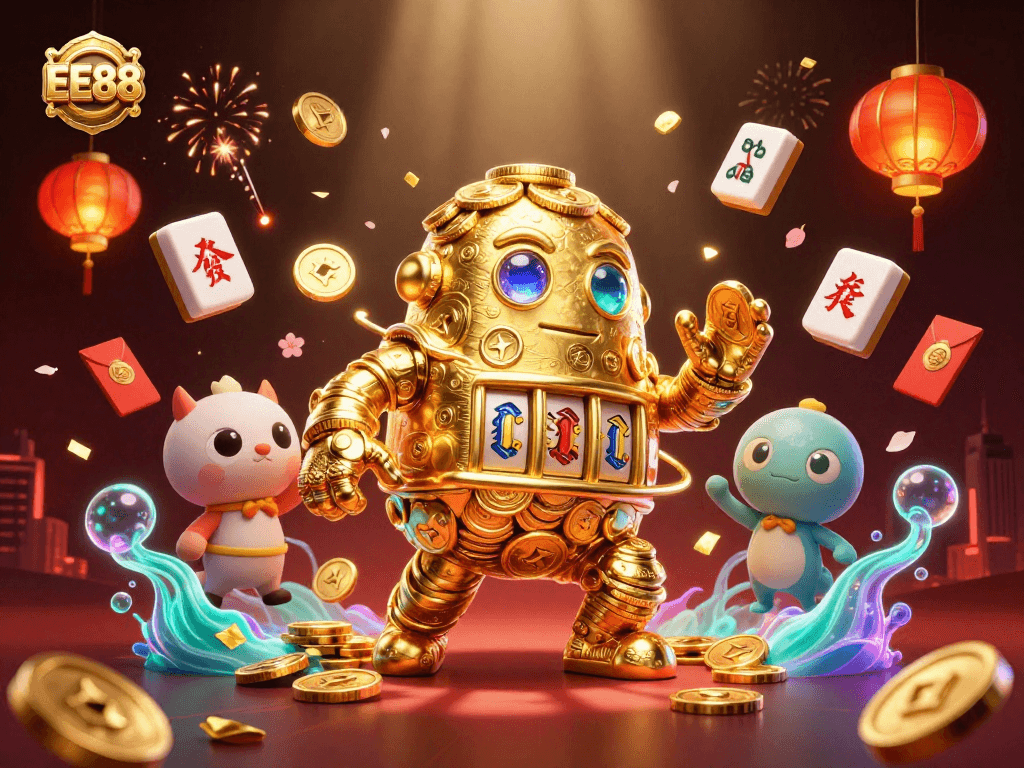 EE88's dynamic golden golem shines in a vibrant 3D casino scene filled with symbols of fortune.