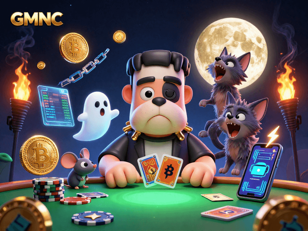 GMNC showcases a Frankenstein bulldog dealer in a vibrant crypto casino scene.
