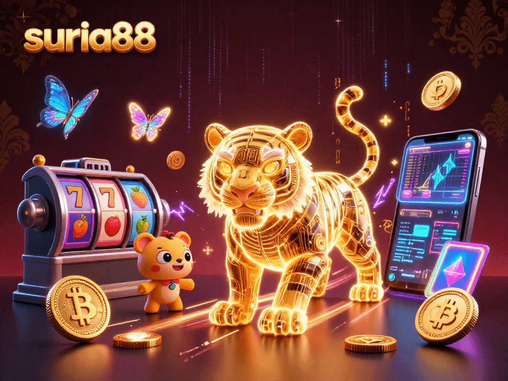 Engage with suria88's dynamic casino landscape featuring a neon tiger and vibrant slot reels.