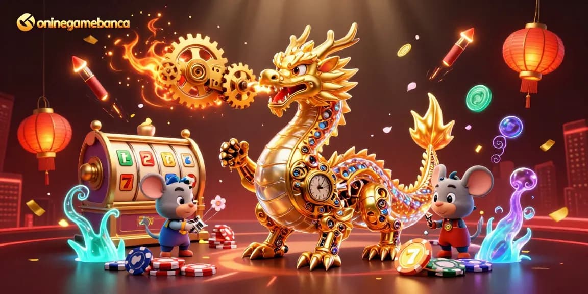 Experience the thrilling action of onlinegamebanca with a 3D dragon and vibrant casino elements.