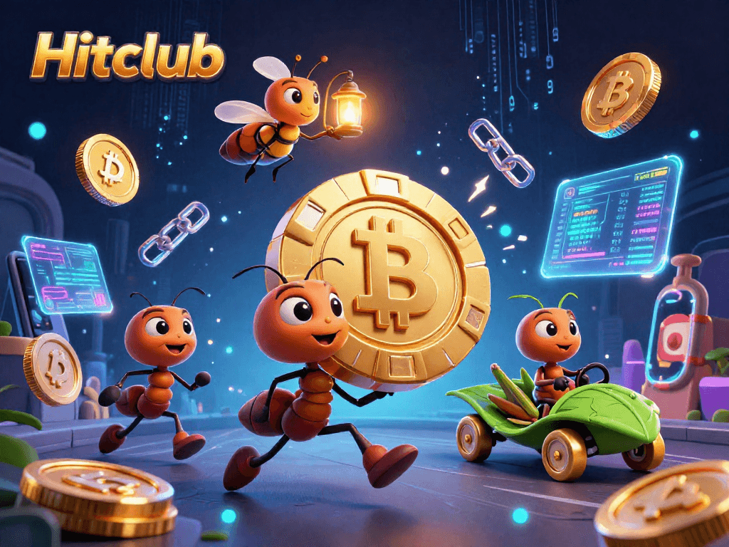Hitclub's playful team of cartoon ants executes a heist while carrying a gigantic poker chip.