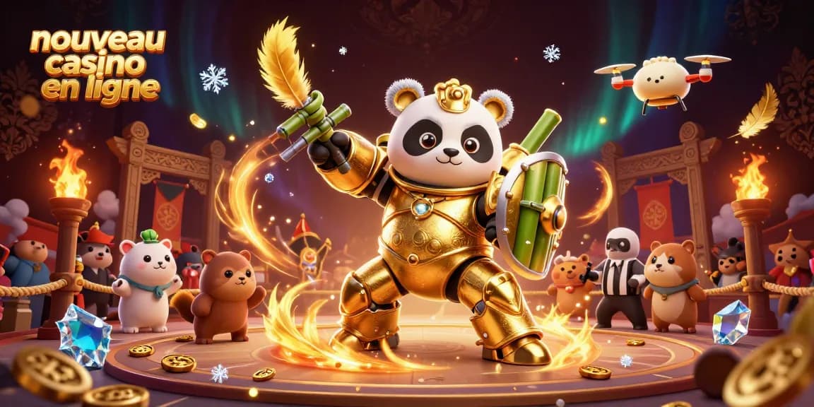 Le nouveau casino en ligne présente une illustration dynamique d'un panda doré en armure de combat.
