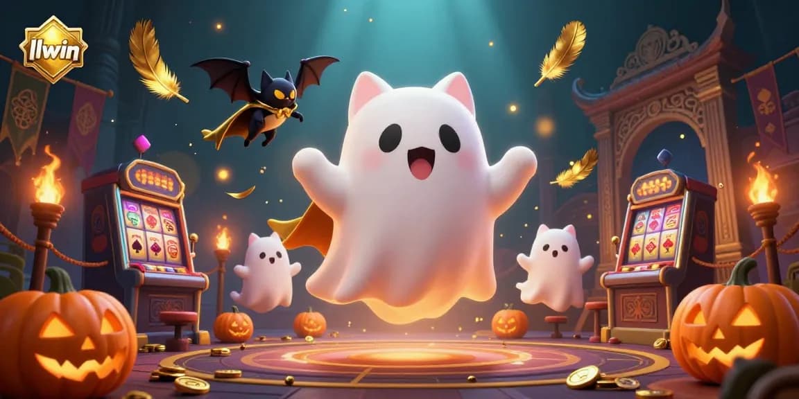 Experience thrilling gameplay with llwin's ghost cat and bat in a haunted casino scene.