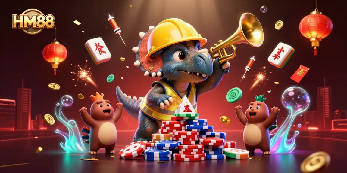 HM88 casino scene with triceratops celebrating over poker chips and cheering compys in a vibrant atmosphere.