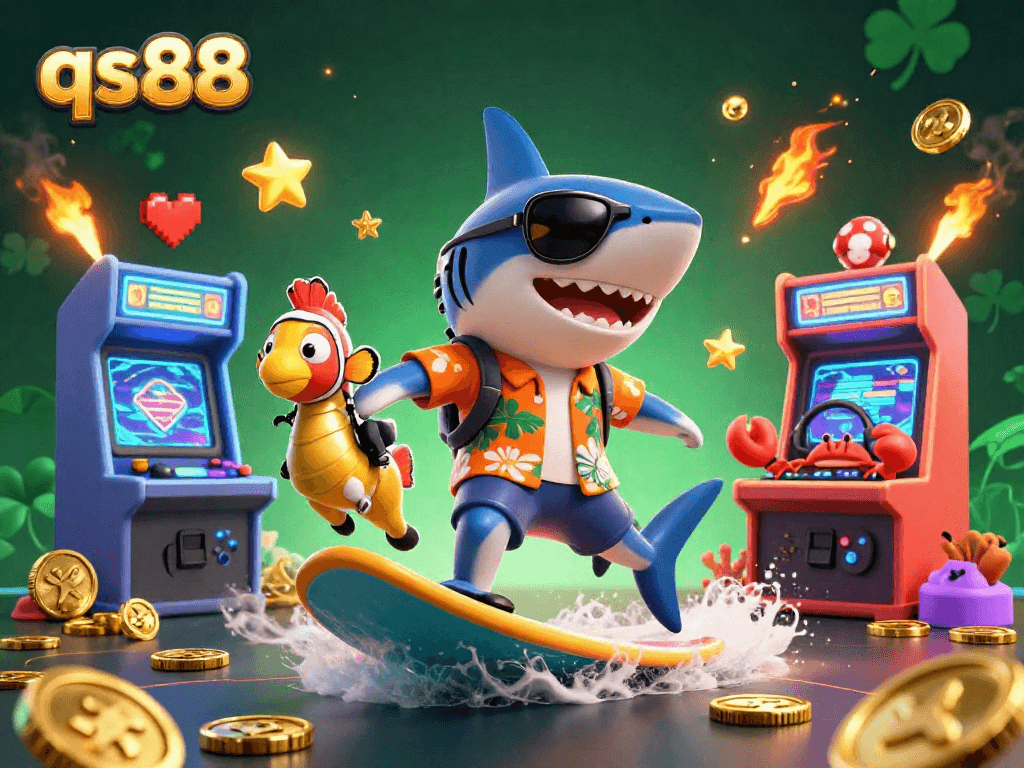 Experience thrilling gaming with qs88 as a shark surfs on coins in a vibrant casino scene.