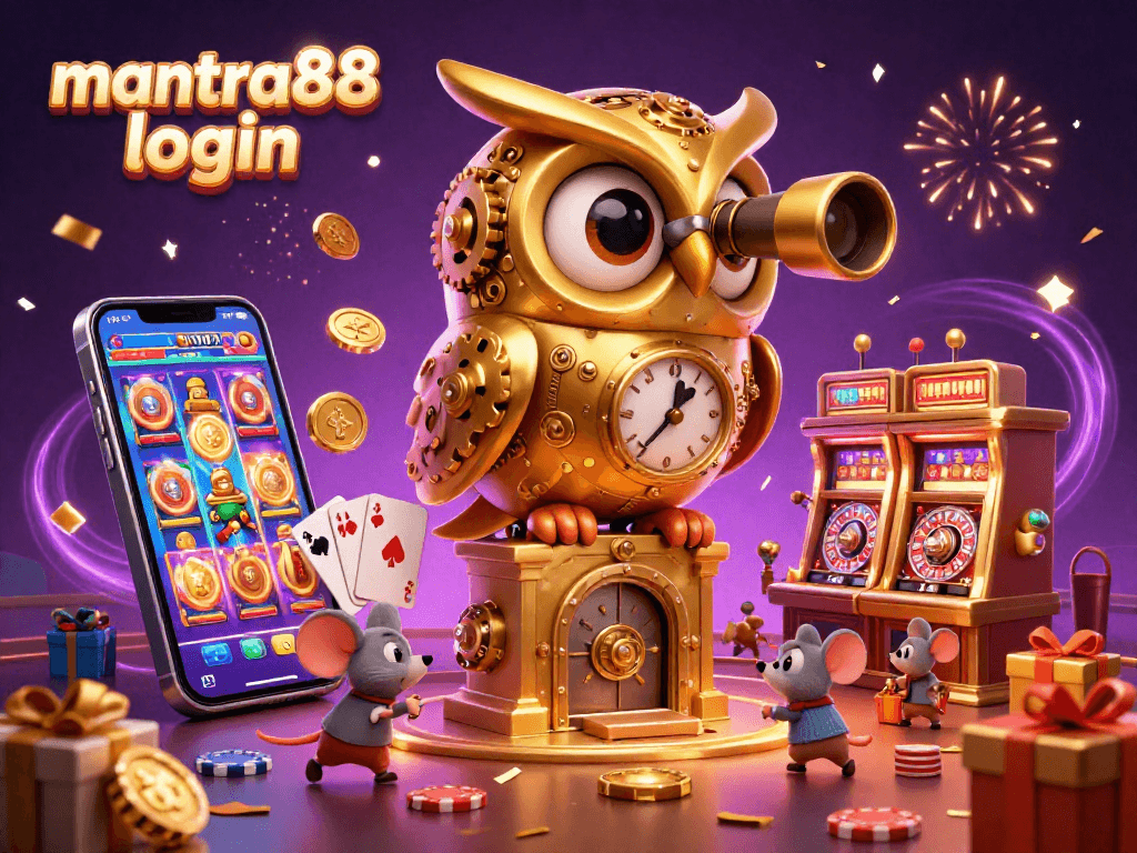 Experience the thrill of mantra88 login, showcasing a vibrant 3D casino scene with gold owl and lively game elements.
