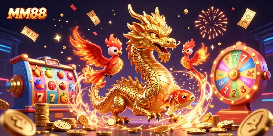 Experience winning moments at MM88 with a lively 3D scene featuring a golden dragon and vibrant slot themes