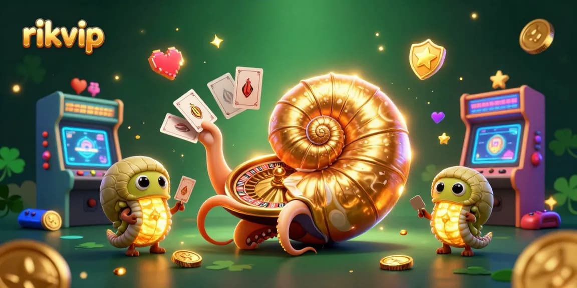 Experience the excitement at rikvip's colorful gambling world with 3D illustration of nautilus and game elements.