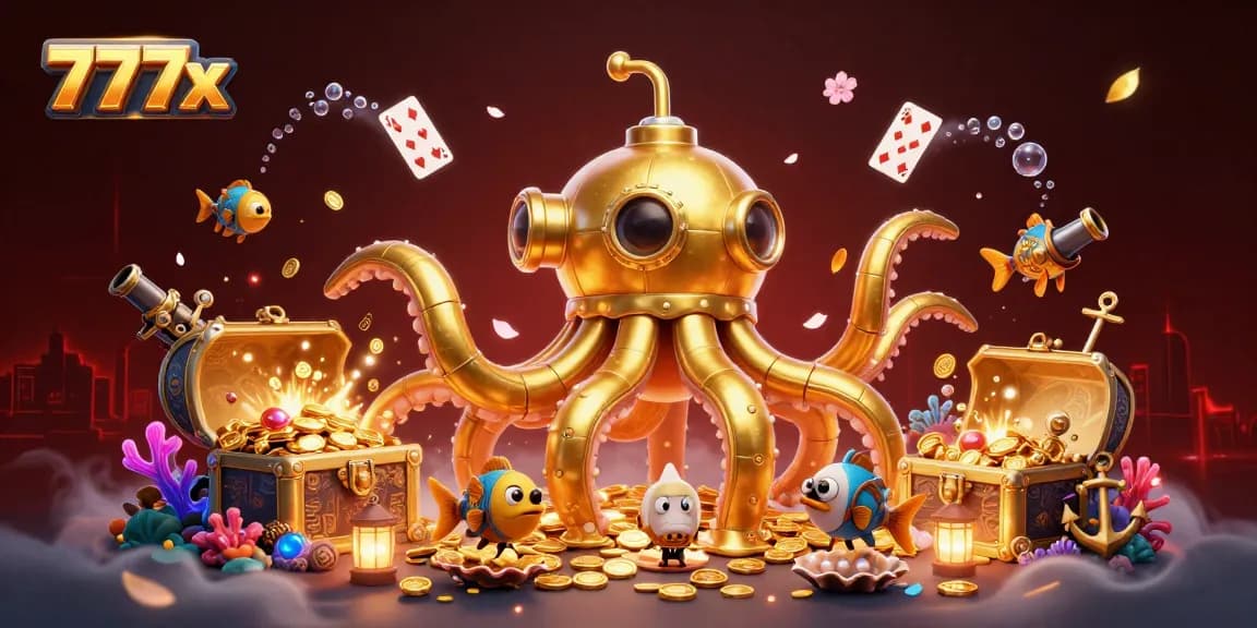 Experience the thrill of 777x with a golden kraken submarine, surrounded by treasures and playful elements.