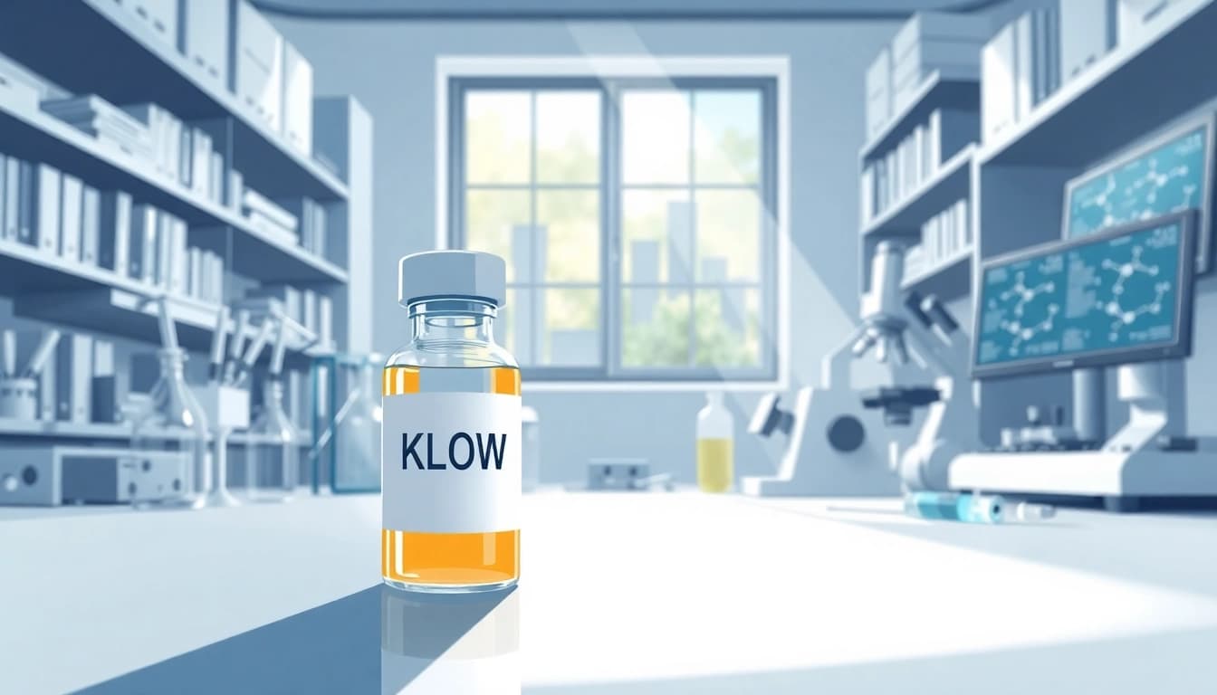 Shop klow for sale with KLOW peptide vial in a lab, showcasing scientific equipment.