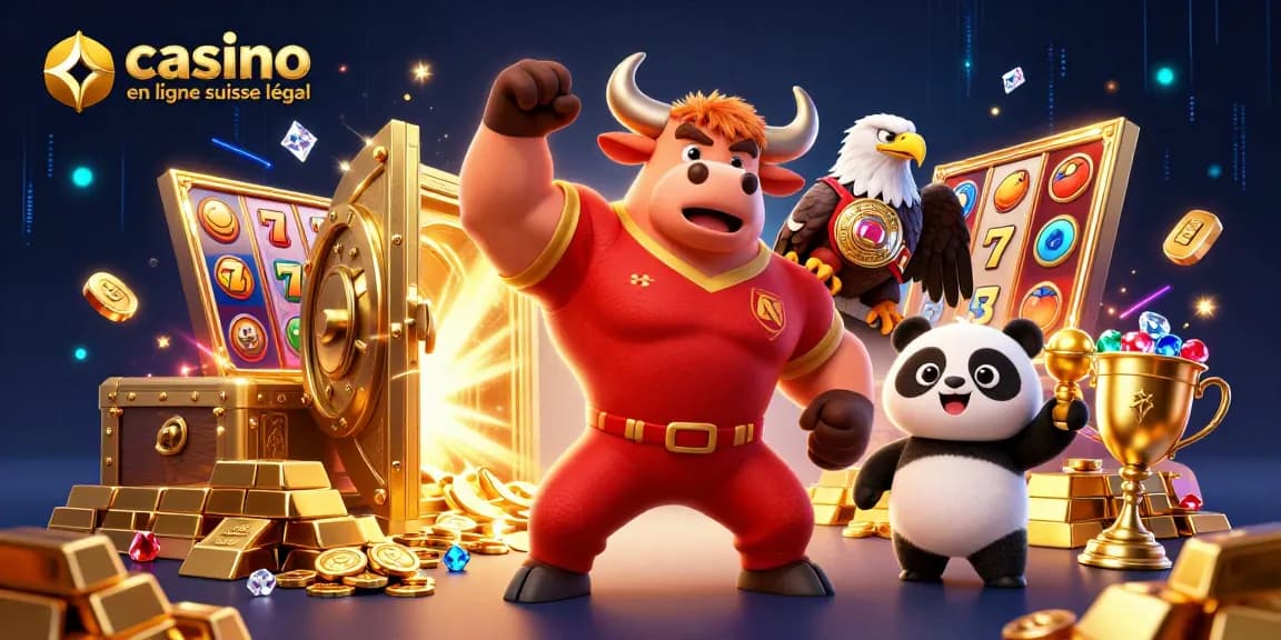 Illustration représentant un taureau, un aigle et un panda célébrant des gains dans un casino en ligne suisse légal.