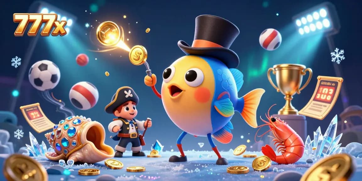 Engage with the exciting 777x casino scene featuring an anglerfish, pirate shrimp, and treasure snail.