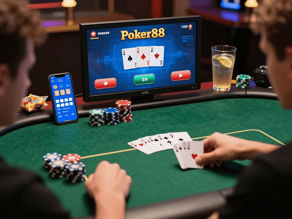 Poker88 online gaming experience with player engaged in a thrilling match surrounded by virtual cards and chips.
