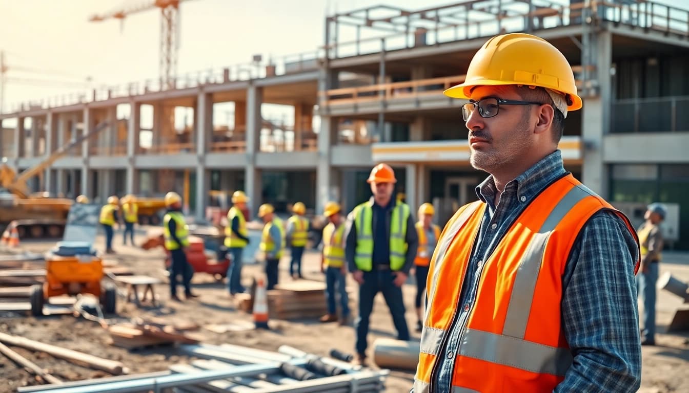 New Jersey Commercial General Contractor supervising a bustling construction site with a focus on teamwork and professionalism.
