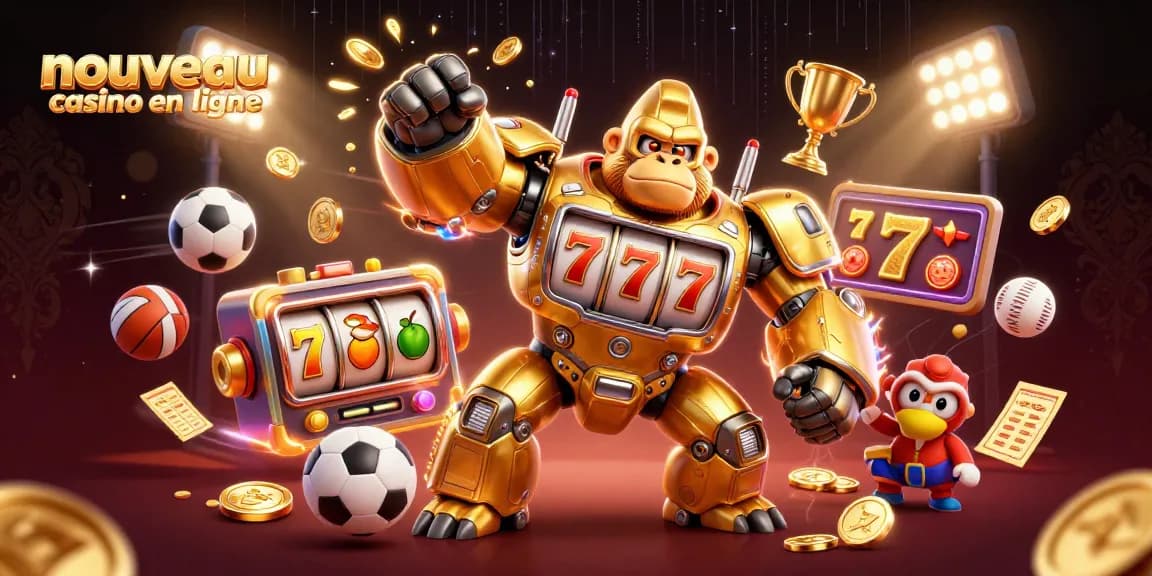 Visuel dynamique d'un nouveau casino en ligne avec un gorille mech doré et des éléments de jeux variés.