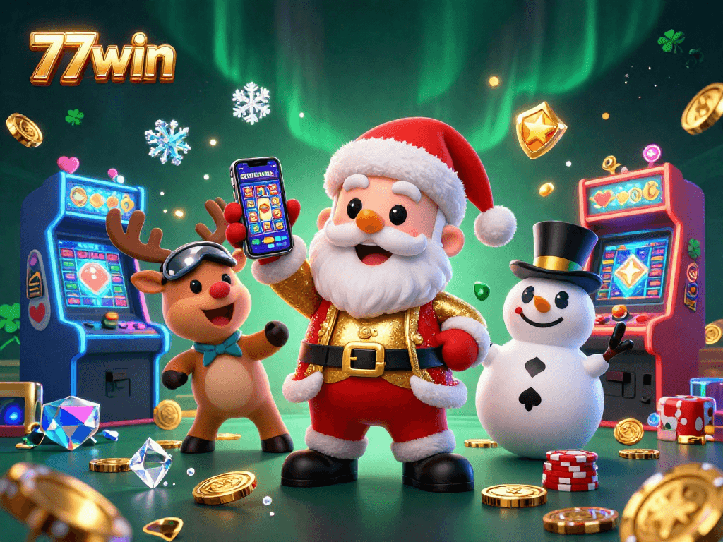Engaging scene showcasing 77win with Santa, reindeer, and snowman enjoying jackpot slots.
