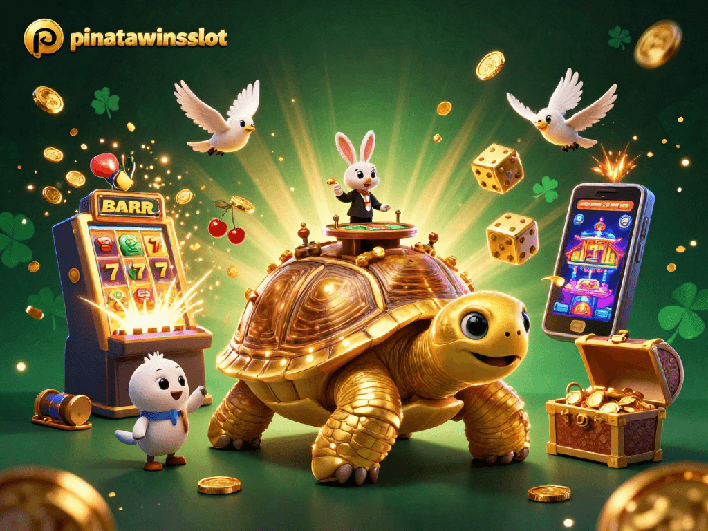 Experience pinatawinsslot with a vibrant scene featuring a golden tortoise and dynamic casino elements.