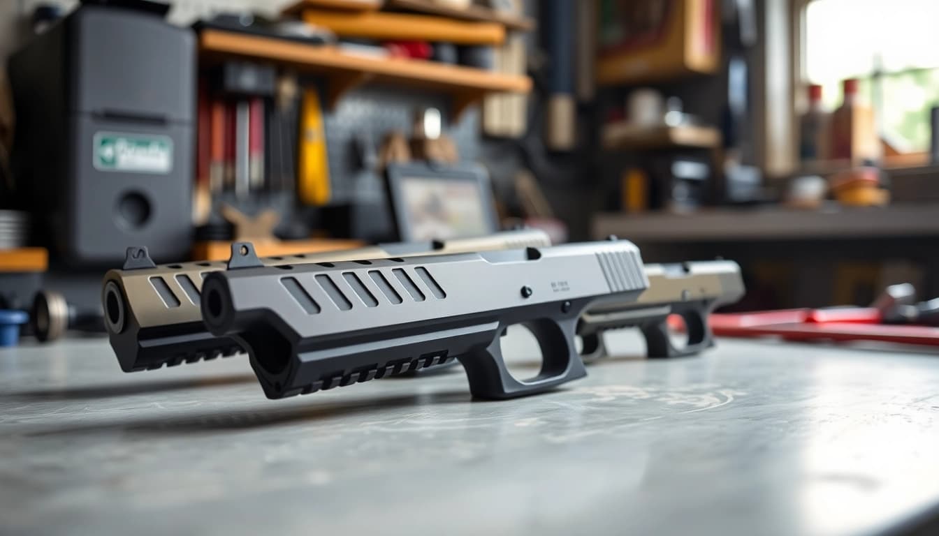 View of premium glock slides highlighting their detailed craftsmanship and finishes.