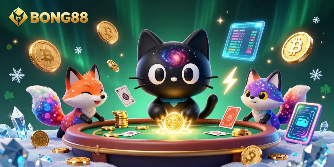 BONG88 offers thrilling cosmic casino action with a black hole cat and nebula fox, surrounded by vibrant crypto elements.