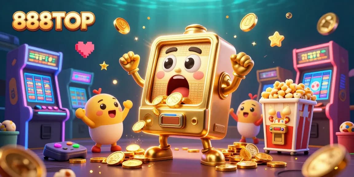 Experience 888TOP excitement as a joyous golden slot machine celebrates its jackpot amidst cheering baby slots and golden popcorn.