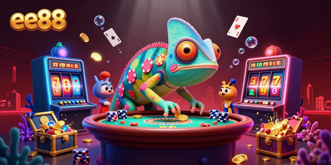 Experience thrilling gameplay with ee88's chameleon casino owner amidst colorful slots and vibrant casino elements.