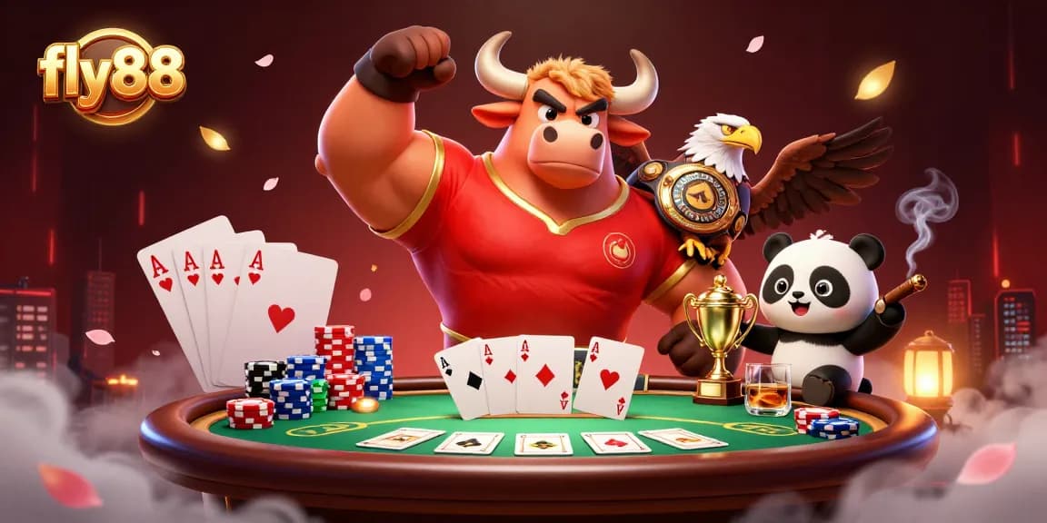 Experience exciting wins at fly88 with a muscular bull mascot, an eagle, and a panda surrounded by poker elements.