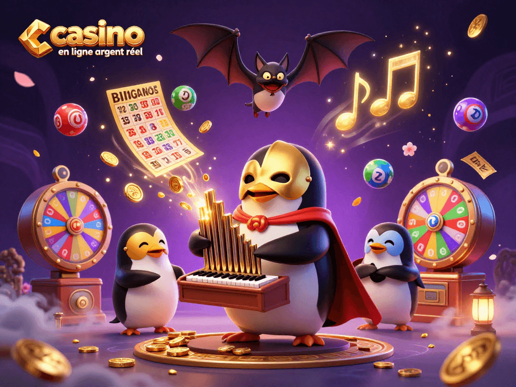 Gagnez avec le casino en ligne argent réel dans une illustration dynamique de jeux animés, incluant des éléments de loterie.