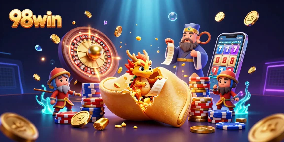 Win big with 98win's golden fortune cookies and vibrant casino elements