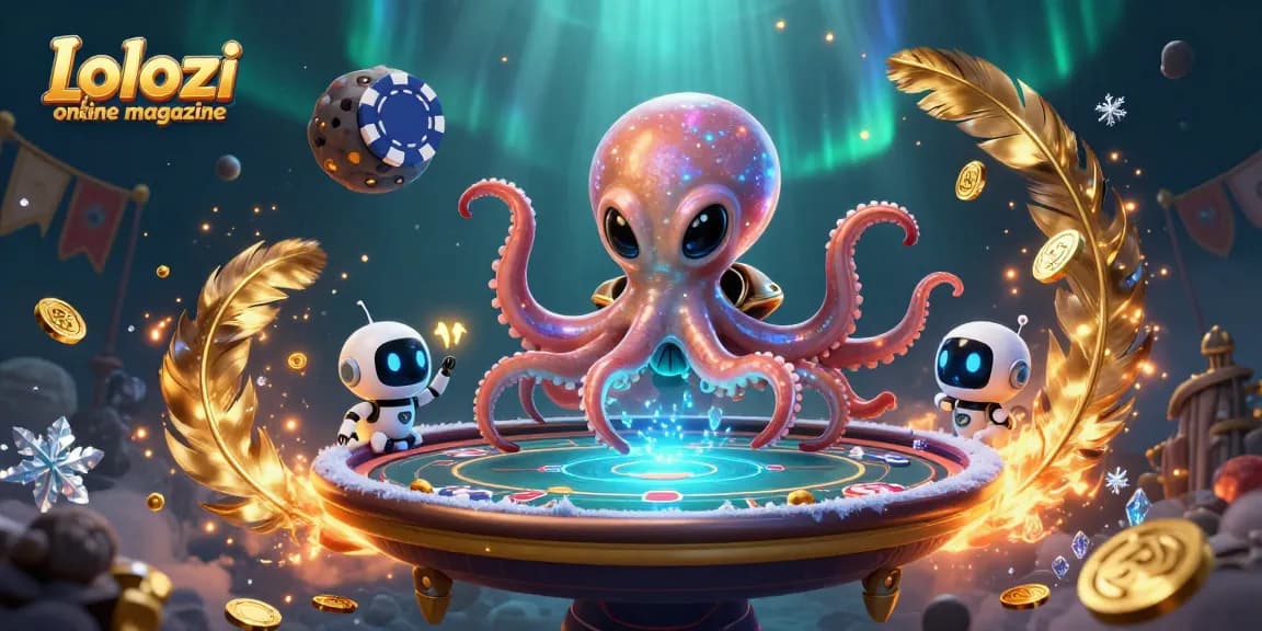 Lolozi online magazine invites players to engage with a vibrant poker experience featuring a cosmic octopus and robot.