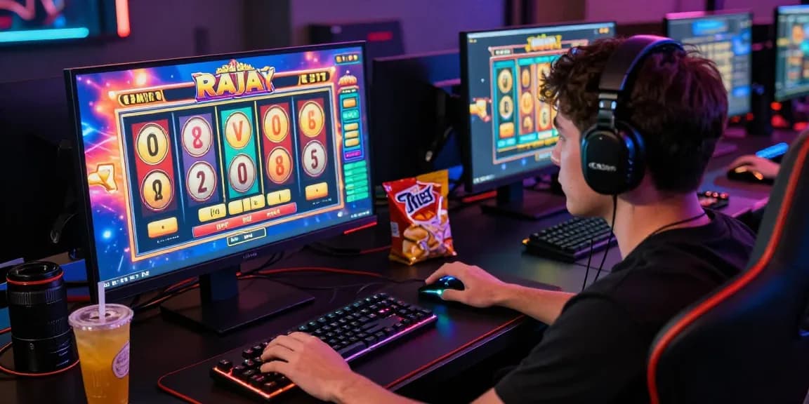 Engaging online gaming scene featuring a player immersed in slot raja with colorful graphics and modern gaming gear.