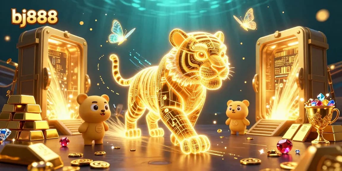 Experience thrilling gaming with bj888's vibrant casino scene featuring a neon-wireframe tiger and dazzling treasures.