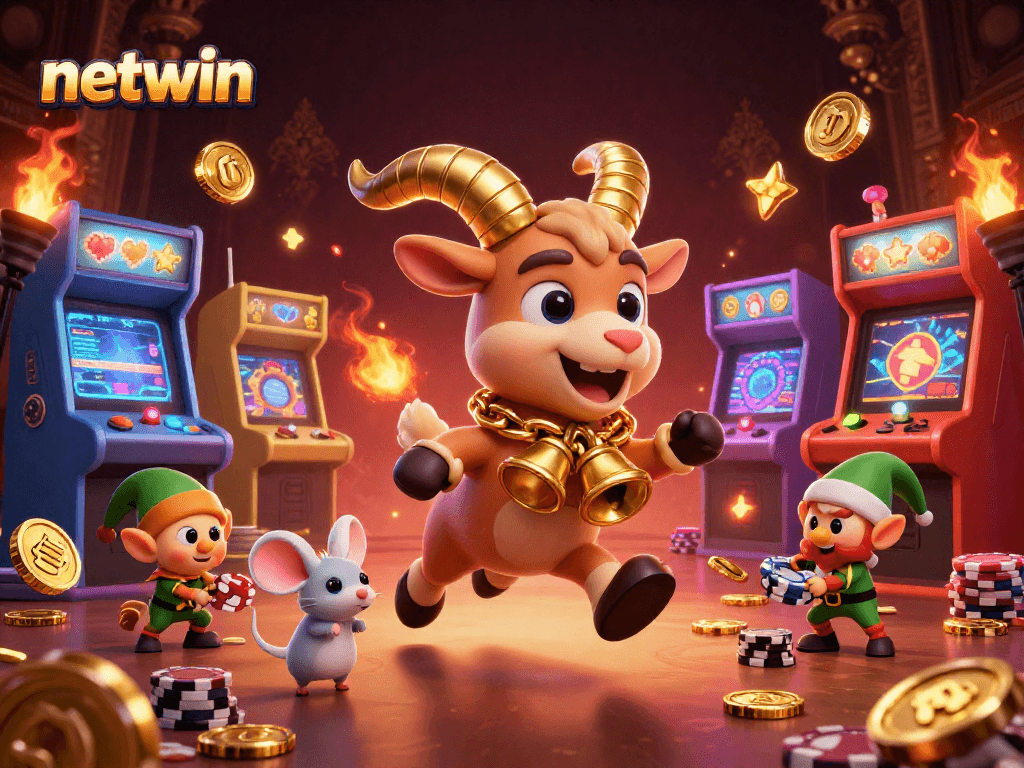 Experience thrilling gameplay at Netwin with festive characters in a captivating casino scene.